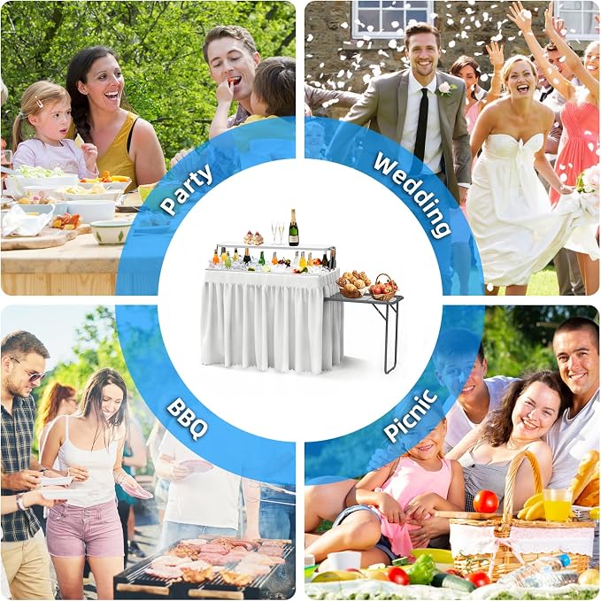 Ice Cooler Folding Table with Metal Side Desktop, Double-Layer Party Chilling Table with Drain and Detachable White Skirt to Keep Drinks Cool, Ice Bar for Weddings, Outdoor, Picnics,Pool