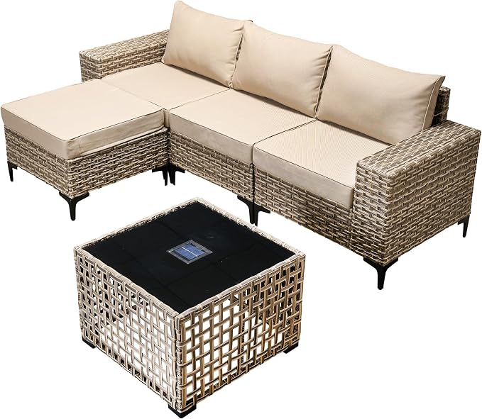 Patio Furniture Set, 5 Pieces Outdoor Wicker Conversation Sets with Coffee Table Outdoor Sectional Sofa for Balcony Backyard Poolside Garden Lawn (Beige)