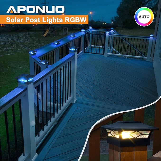 APONUO Solar Post Cap Lights with 8 RGB Colors and Multicolor Flow, Ultra-Bright Clear Lens, IP65 Waterproof for 4x4 5x5 6x6 Wood & Vinyl Fence Posts, 8 Pack Black