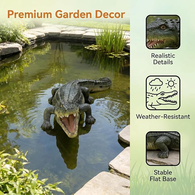 Outdoor Alligator Animal Statue, 23.23 Inch, Green Crocodile | Realistic Crocodile Resin, Garden Statue, For Pond Edge, Lawn, Patio & Backyard