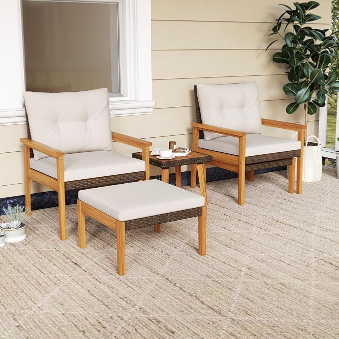 Tangkula 5 Piece Rattan Furniture Set, Wood Frame Chairs & Ottomans w/Square Coffee Table, Space Saving Cushioned Wicker Patio Conversation Set for Backyard, Poolside (Off White)