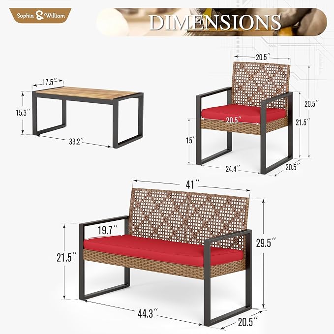 Sophia & William 4 Pieces Patio Conversation Set, Wicker Outdoor Furniture Set for 4, All Weather Outdoor Seating Set, Rattan Loveseat & Chairs with Cushions & Coffee Table,Brown and Red