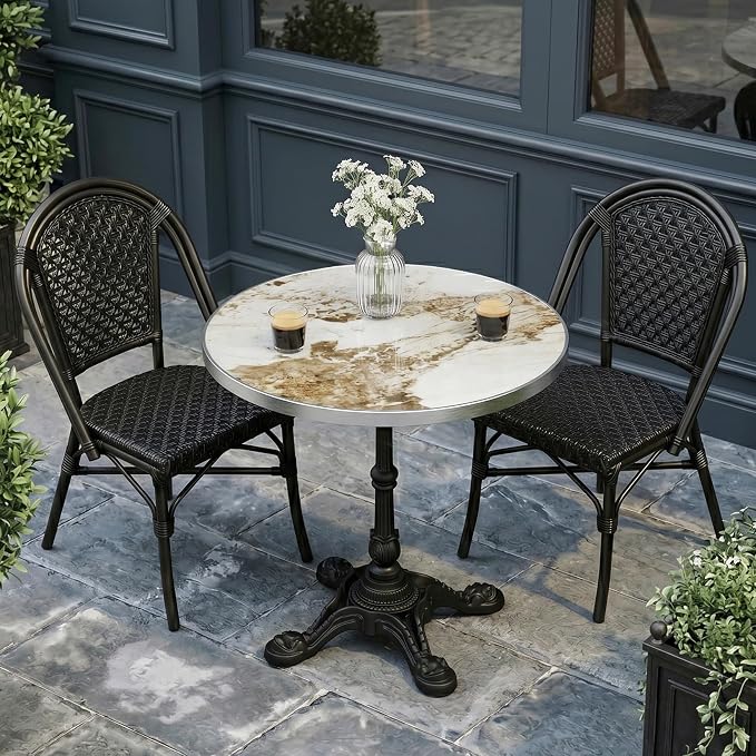31.5" Outdoor Tulip Dining Table with Sintered Stone Tabletop and Cast Iron Base, Antique Patio Bistro Table for 2-4 Person for Indoor Outside Cafe Restaurant Backyard Garden (Platinum Cloud)