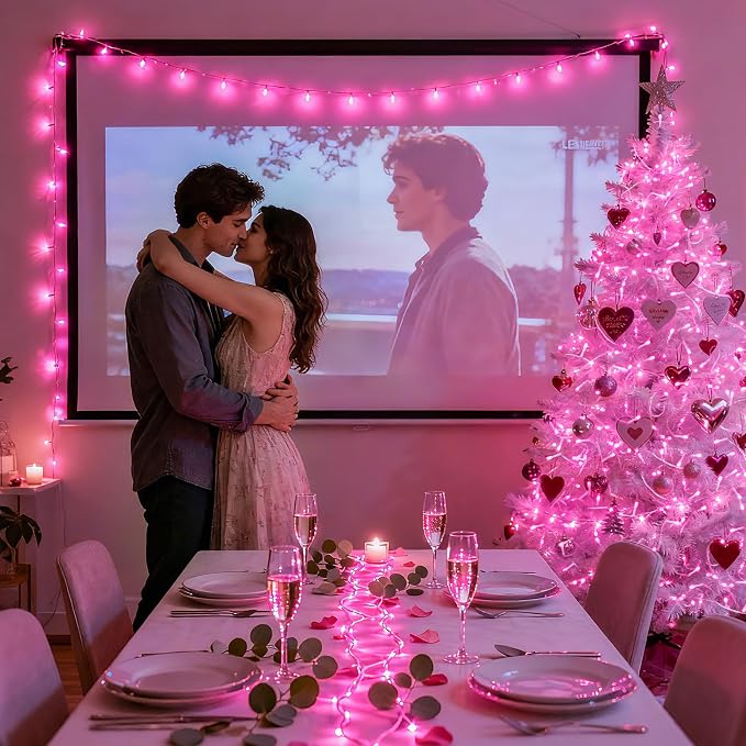 JMEXSUSS Connectable 8 Modes 33ft 100 LED Pink Christmas Lights | Pink Room Lights Clear Wire, Plug in Pink String Lights Indoor Outdoor for Room Decor Christmas Tree Bedroom Valentines Party