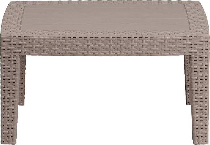 Merrick Lane Malmok Outdoor Furniture Patio Table - Light Gray Faux Rattan Wicker Pattern Coffee Table - All-Weather Use - Wood Plank Top Design