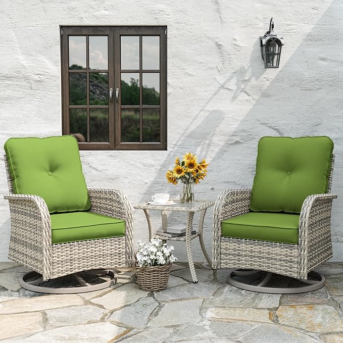 Patio Rocking Swivel Chair Outdoor Wicker Rattan Bistro Set with Tempered Glass Side Table, Outdoor Patio Furniture Set for Garden, Deck, and Balcony, Avocado Green