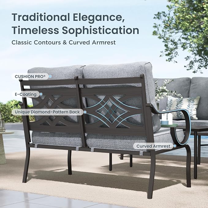 PHI VILLA Patio Furniture Set, 1 Loveseat, 3-Seater Sofa, 2 Rocking Chairs and a Coffee Table, Outdoor Metal Conversation Set with 5.75" Extra Thick Cushion for Garden Backyard Deck, Grey