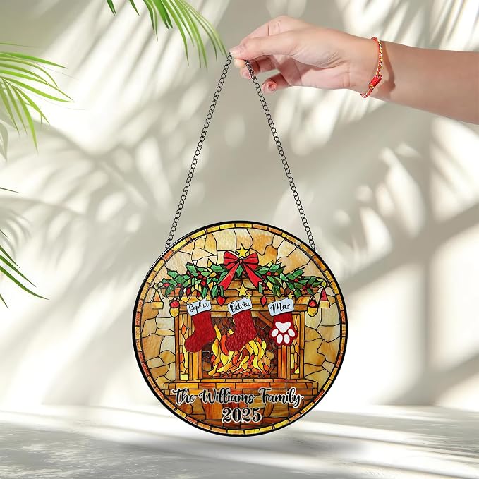 Personalized Stained Glass Christmas Suncatcher – Custom Family Name Fireplace Design – First from Mom and Dad – Holiday Ornament Keepsake for Family