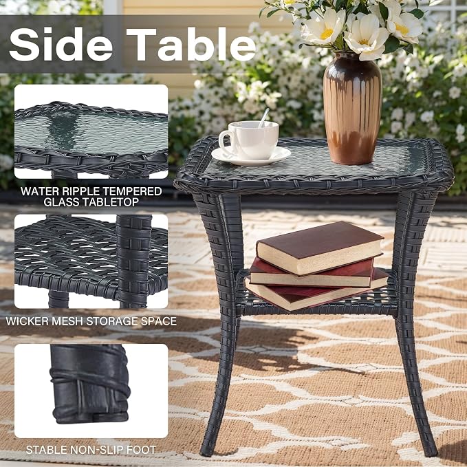Belord Expansive 10 Pieces Outdoor Patio Furniture Set with 43” Propane Fire Pit Table, Patio Conversation Set with Swivel Rocker Outdoor Chairs Set of 4 and Sofa, Ottoman and Wicker Side Table Black