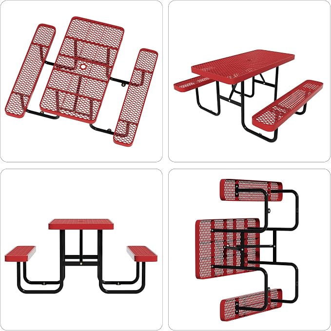 Picnic Tables for Outdoors,Commercial Metal Picnic Table Bench Set with Umbrella Hole,School Canteen Tables W/Seats - Heavy Duty Sturdy Picnic Tables Furniture for Patio Garden (Red, 6FT)