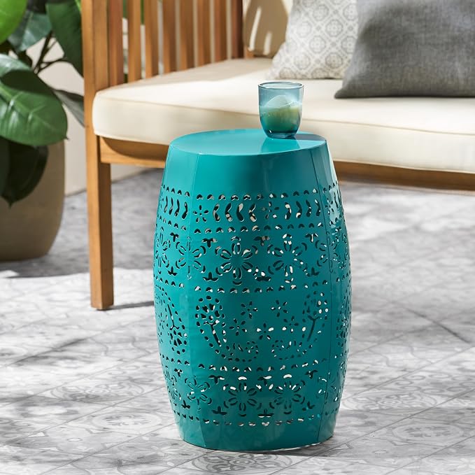 Merax Outdoor Side Table Iron Hollow Out Lace Frame 9.5"-12"x18" Round Patio Side Table, Teal Color