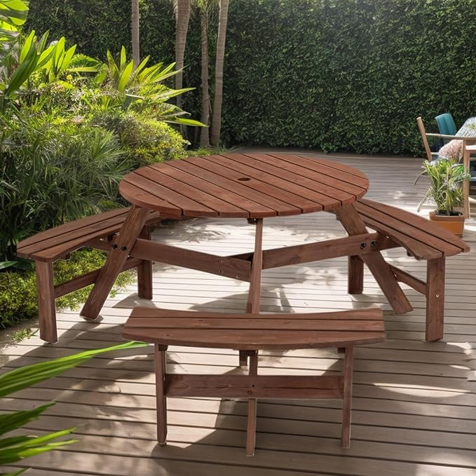 HRVEOCEI 8-Person Round Picnic Table with 4 Built-in Benches & Umbrella Hole, Wooden Picnic Tables for Outdoors, Patio, Backyard, Garden, 66.92"X66.92"X27.55, 2220lb Capacity (Round, Brown, 6-Person)