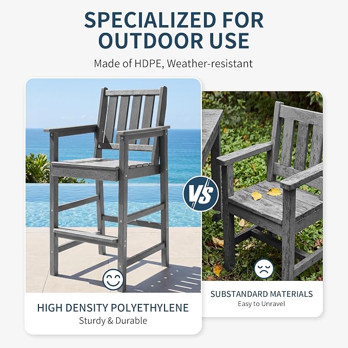 5-Piece Outdoor Bar Table and Chairs Set, HDPE Counter Height Patio Dining Table with 4 Adirondack Bar Chairs, Adirondack Bar Height Chairs and Bar Table for Bistro, Poolside, Backyard, Grey