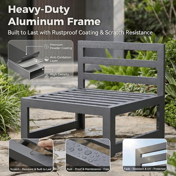 NICESOUL 7 Pcs Aluminum Black Outdoor Sectional with Firepit, All Weather Patio Furniture Set with Deep Seat, Contemporary L-Shaped Modular Large Conversation Set for Garden Poolside, Seats 6, Black