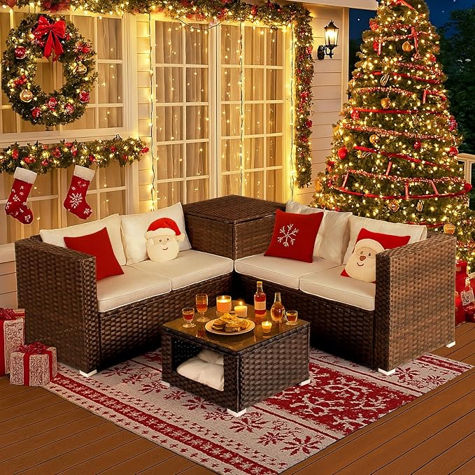 VINGLI 4 Pieces Outdoor Sectional Wicker Patio Furniture with Storage, Patio Sectional Sofa Outdoor Couch Conversation Set, Glass Top Coffee Table for Backyard, Pool, Garden(Brown)