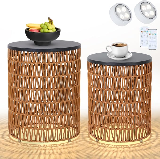 HMVPL Outdoor Side End Table with Dimmable Light Remote Control,2-Pack Small Round Patio Table with Timing Light,Outside Plastic Rattan Accent Bistro Desk for Poolside Backyard Balcony Gazebo Indoor
