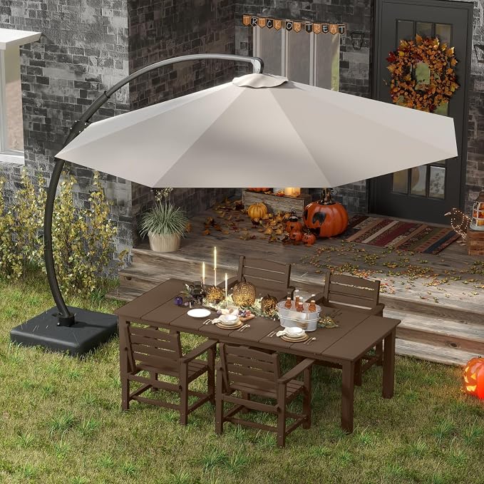 HDPE 5-Piece Outdoor Dining Set with 11FT Umbrella, Brown | All-Weather Patio Table and Chairs for 4, Fade-Resistant Patio Furniture Dining Set for Lawn, Garden, Deck, Backyard