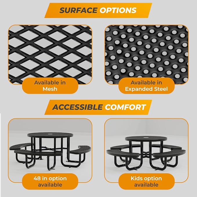 Round Metal Picnic Tables for Kids for Outdoors with Umbrella Hole, Adjustable Seats for School, Park, Playground (Green, 38 in, Kids, Expanded Steel)