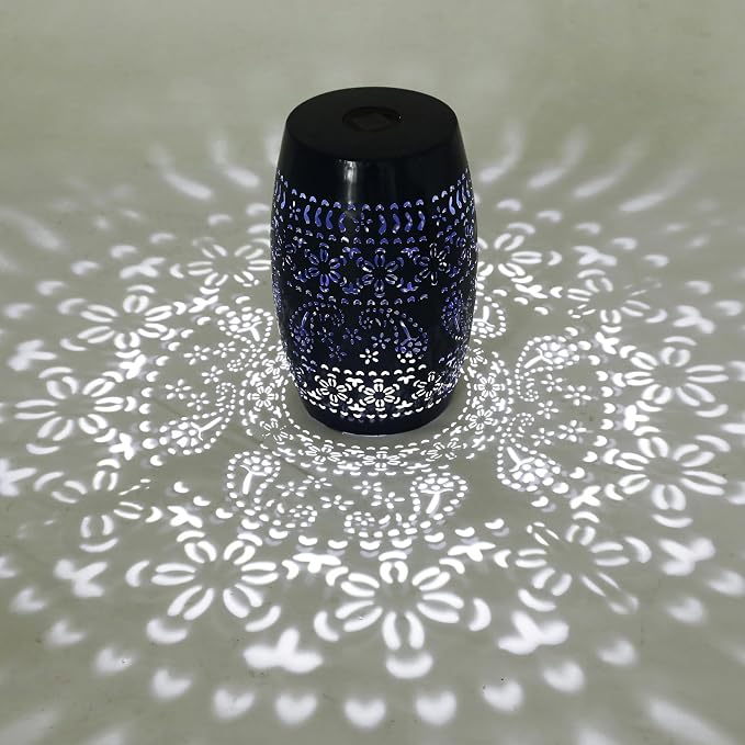 12" Outdoor Solar Side Table, Metal Cutout Drum Side Table, Coffee End Tables, Patio Garden Stool for Small Spaces, Living Room, Backyard, Poolside (1, Dark Blue + Solar)