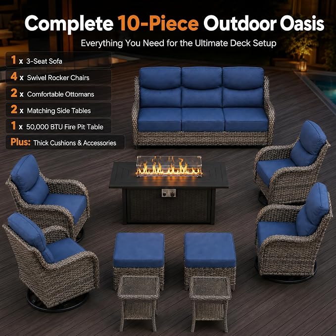 HUMMUH 10-Piece Wicker Swivel Rocker Patio Furniture Set with Fire Pit | 50,000 BTU fire pit, 6-inch 28D foam cushions, UV-proof PE wicker, Olefin fabric, 350lb weight capacity