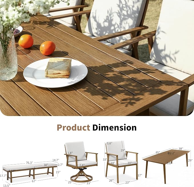 3-Person Outdoor Bench with Detachable Cushion, 76.3" Long Porch Bench Rust-Free Aluminum Garden Bench, Indoor Outdoor Dining Bench for Backyard, Poolside, Porch, Teak
