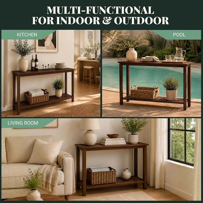 Premium 2-Tier Wooden Console Table with Storage Shelf Solid Eucalyptus Wood 48.03"x 16.14"x 31.1" Entryway Sofa Table for Hallway, Living Room (Brown)