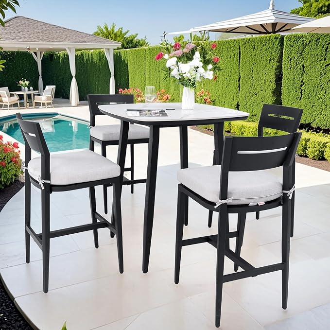 Modern 5-Piece Outdoor Patio Bar Table Set for 4, Small Square Sintered Stone Table with 4 Sunbrella Cushion Bar Chairs, Aluminum Frame and Umbrella Hole, Weather/Heat-Resistant