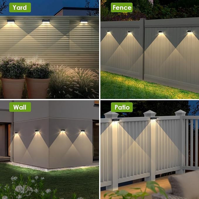 LIANGLOME Solar Fence Lights Outdoor - 3000/4000/6000K 3 Mode, IP65 Waterproof Solar Powered Fence Lights, Dusk to Dawn for Outside, Backyard/Step/Patio/Deck/Stair Railings and Wall (8 Pack)