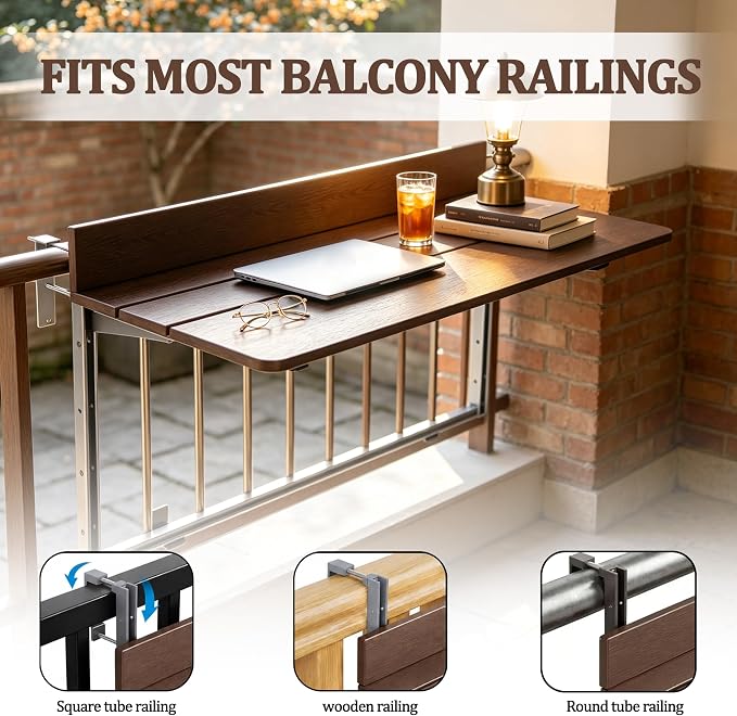 Foldable Balcony Bar Table for Railings, Folding Hanging Deck Rail Table for Small Apartment Patio,Outdoor Garden, 5-Level Adjustable Height, Rustproof,Weather Resistant, Easy Assembly