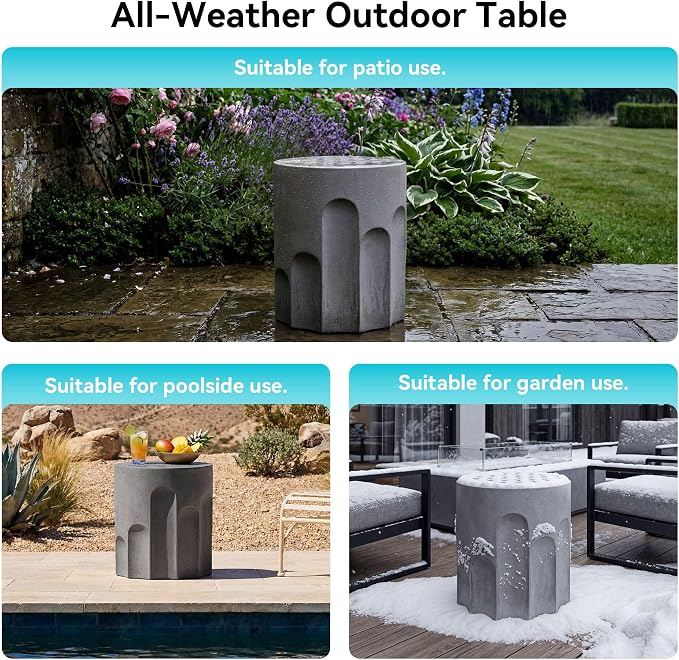 COSIEST Outdoor Side Table, 16.9" Modern Concrete End Table w Chessboard for Patio,Lightweight Round Outside Accent Table & Plant Stand for Garden, Porch, Deck, Balcony,Grey