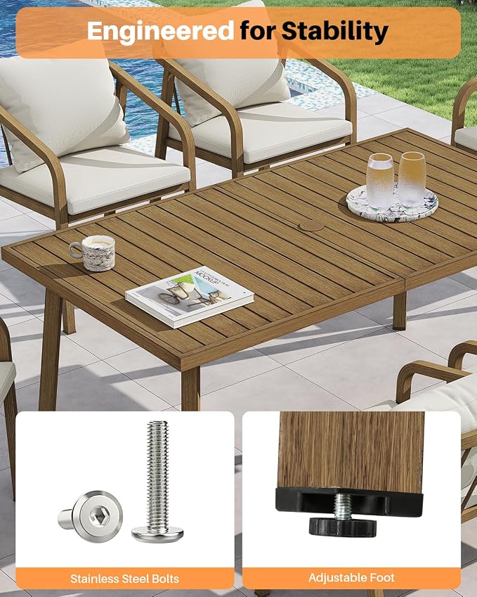 Never-Rust Aluminum Patio Dining Table, 63" x 35" Rectangular Outdoor Dining Table for 6, Outdoor Patio Table with Umbrella Hole for Backyard, Garden, Balcony, Deck, Teak