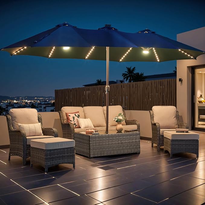 HOOOWOOO Outdoor Patio Coffee Table with Umbrella Hole, All-Weather Handwoven PE Wicker Rattan Rectangle Bistro Side End Table with Storage Shelf