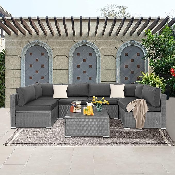 Betterland 7 Piece Outdoor Sectional Sofa Patio Furniture Set, All-Weather PE Grey Wicker Patio Conversation Set with Washable Cushion, Glass Table and Waterproof Cover(Grey Cushions)