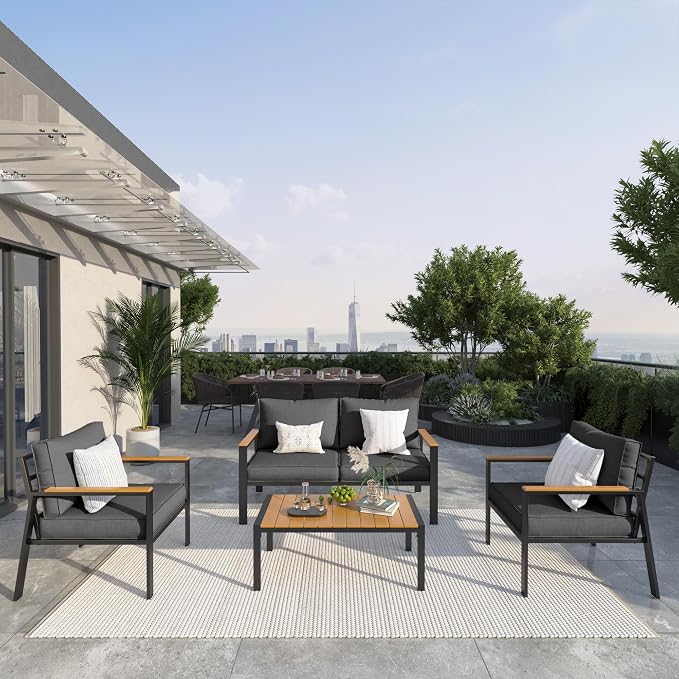 UDPATIO Metal Outdoor Patio Furniture Set, Modern Outdoor Conversation Sets w/Coffee Table, Outside Furniture with Thick, Washable and High-Resiliency Sponge Cushions, Deep Grey, 4 PCS
