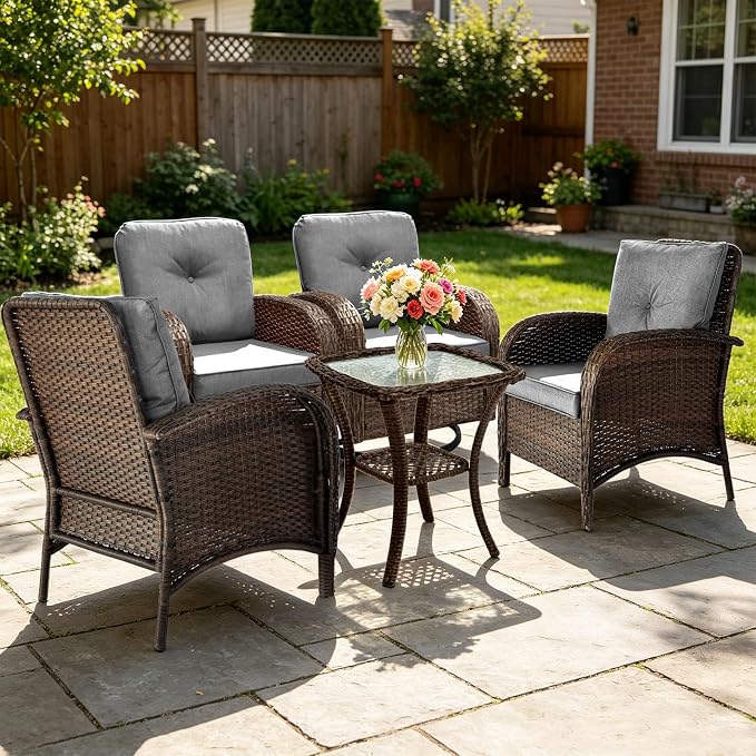 SHGJ&SOFT All Weather Patio Furniture Set, High Back Swivel Rocker Glider Chairs,Ottomans & Glass Tables, Outdoor Conversation Set for Deck Porch Yard Poolside (Grey, 5PCS-Swivel Chairs&Chairs&Table)