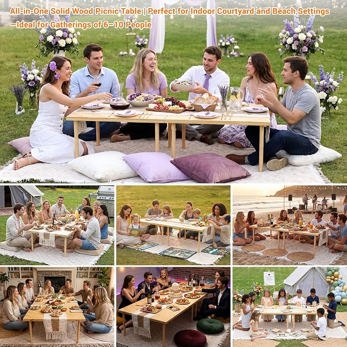 Upgraded Extra Large Low Wooden Folding Picnic Table with 8-Legs, Thick Varnished Tabletop, 80"×30" Portable Boho Beach Table with Table Runner for Yard, Camping, Outdoor Party (Diagonal)