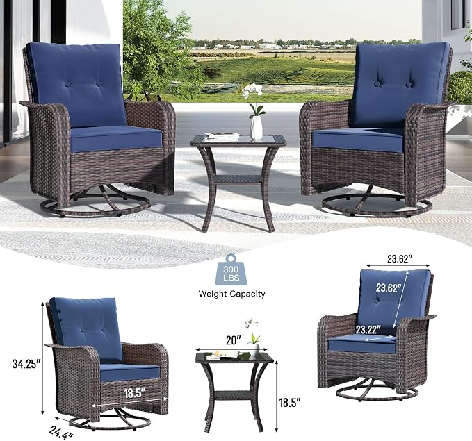 Kullavik 9 Pieces Outdoor Patio Furniture Set,PE Wicker Rattan Sectional Sofa Patio Conversation Sets with Tempered Glass Table,Swivel Rocking Chairs Set,Navy Blue