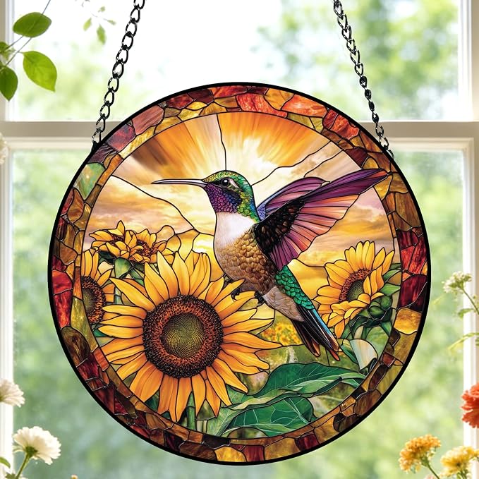 Stained Glass Hummingbird Suncatcher Window Hanging Flowers Gifts for Mom | 6.3in Garden Sun Catcher, Sunflowers Sunrise Ornament for Door Home, Gift for Bird Lovers Grandma & Mother's Day Christmas
