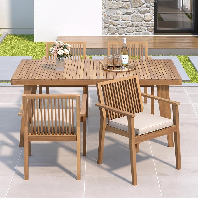 Merax 5 Piece Patio Furniture Set, Acacia Wood Outdoor Dining Set with 1 Table & 4 Heavy-Duty Cushioned Chairs for Porch, Backyard, Garden, Poolside, Indoors, Easy Assembly, Brown
