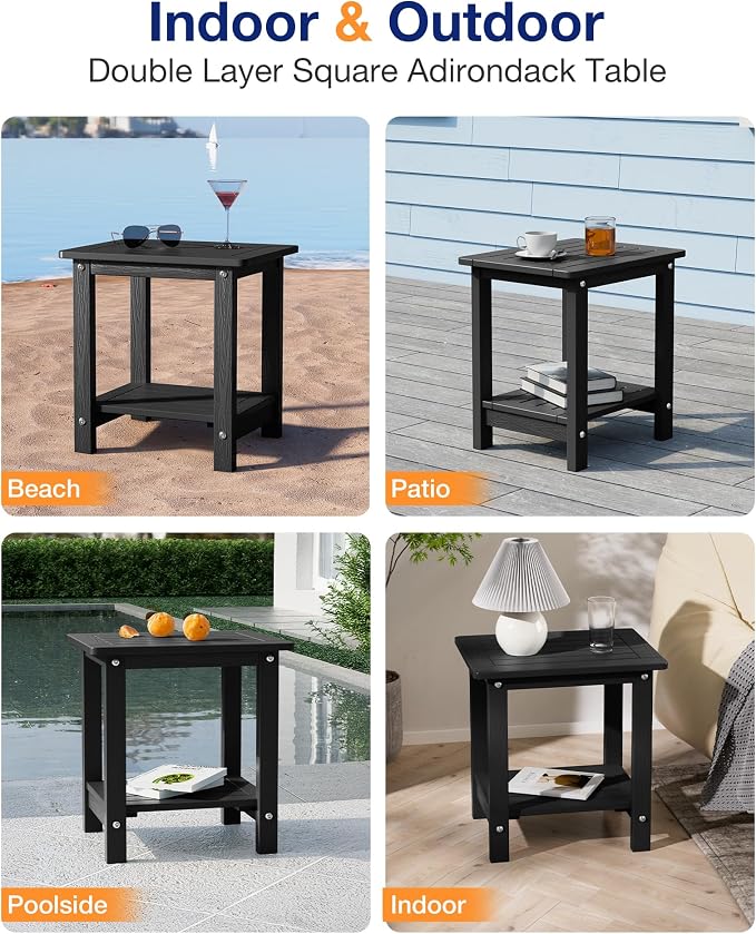 YEFU Outdoor Side Table for Patio: 16" HIPS Weather - Resistant Adirondack Tables - Waterproof Small Square End Tables for Backyard Pool Porch Balcony - Indoor Outdoor Double Layer Table Black