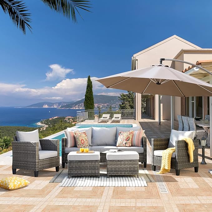 ovios 5 Pieces Patio Furniture Set, Outdoor Wicker Sofa Couch with Chairs Comfy Cushions, All Weather Grey Rattan Conversation Set for Backyard Deck Porch, Grey