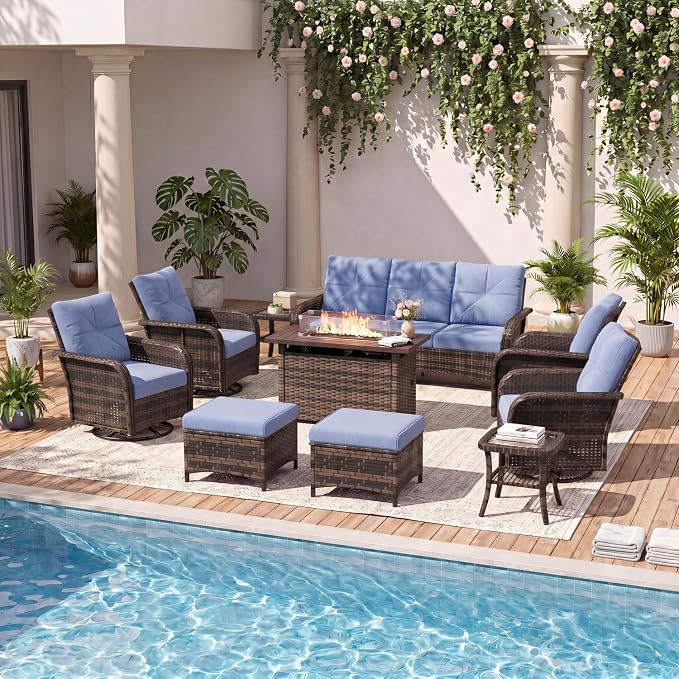 LazySunsets 12 Piece Outdoor Patio Furniture Set with 44'' Fire Pit Table, Wicker Rattan Outdoor Furniture with High Back Swivel Rocker Chairs, Outdoor Sofa Set with Thick Cushion & Ottoman, Navy Blue