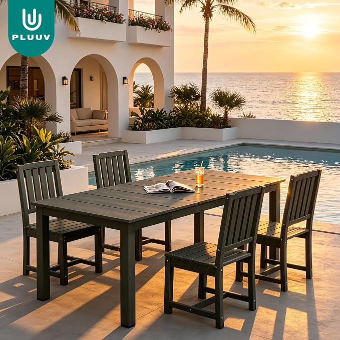 PLUUV 5-Piece Outdoor Dining Set – HDPE Patio Furniture with Aluminum Table, Umbrella Hole, and 4 Armless Chairs, All-Weather Resistant for Garden & Backyard, Grey