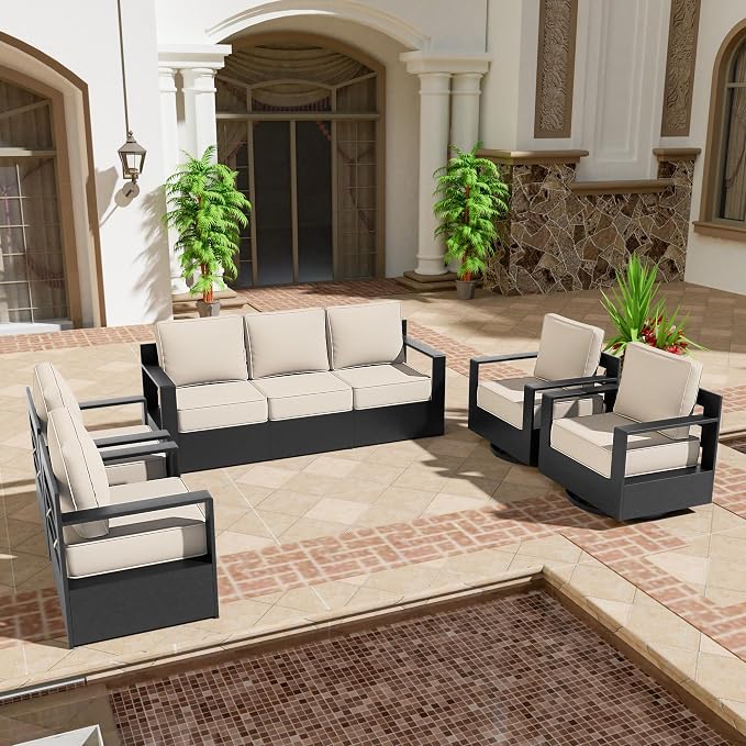 Outdoor Aluminum Furniture Set, 5-Piece Patio Conversation Set, 2 Swivel Chairs, 2 Chairs and 1 Sofa, All-Weather Metal Frame, 6" Thick Removable Cushions, Deep Setting for Garden and Porch