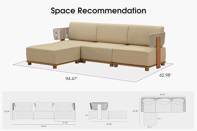 PURPLE LEAF Patio Furniture Set Modular L-Shaped Outdoor Sectional Sofa with 11" Thick Olefin Cushion 4-Piece Outdoor Conversation Set with Ottoman for Backyard Garden Poolside, Beige