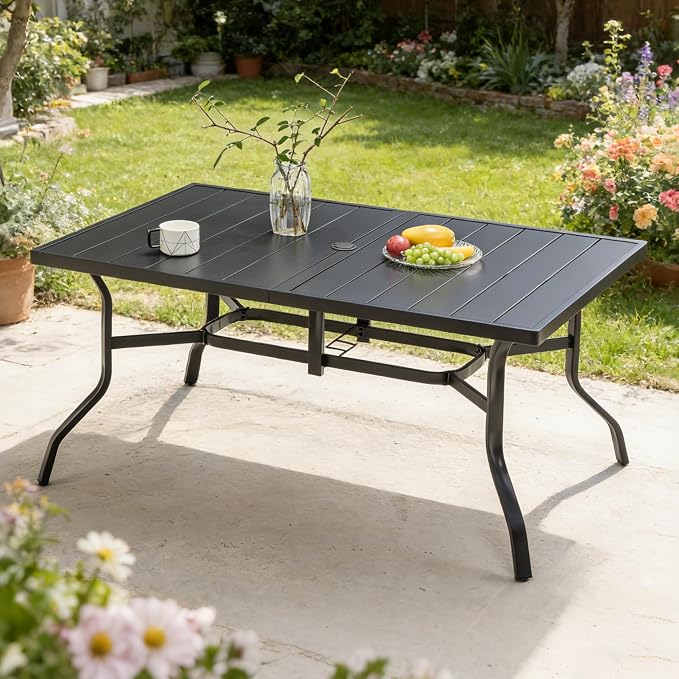 KEIKI Outdoor Dining Table for 56.69" Rectangular Metal Patio Tables with Umbrella Hole & Anti-Slip Pads, All-Weather Black Rectangle Table for Porch, Garden, Yard, Lawn, Poolside, Balcony