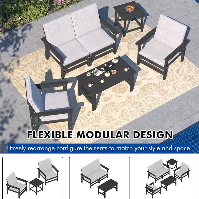 6-Piece HDPE Patio Furniture Set, All-Weather Outdoor Sectional Sofa Set w/Coffee Table+Side Table - Wood-Like Composite Conversation Couch for Deck, Lawn, Balcony - Black Frame with Cushion