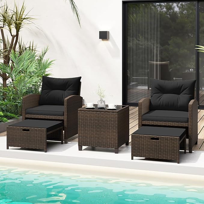 COSTWAY 5-Piece Rattan Conversation Set, Outdoor Wicker Sofa, Tempered Glass Coffee Table & Ottomans for Small Space, Boho Chic Indoor/Outdoor Furniture Set for Poolside, Backyard, Deck (Black)