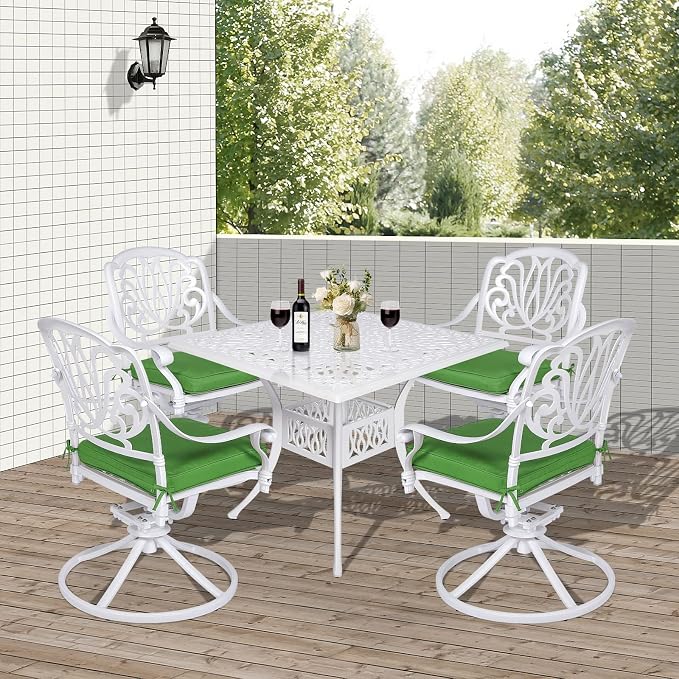 VIVIJASON 5-Piece Outdoor Patio Dining Set, All-Weather Cast Aluminum Conversation Set, Patio Furniture Set for Balcony Lawn Garden, Include 4 Swivel Chairs, 1 Square Table w/Umbrella Hole, White