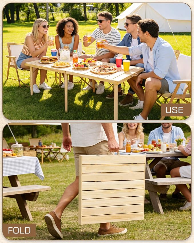 60" X 30" Boho Low Picnic Table, Portable Wooden Picnic Table with 3 Adjustable Heights, Natural Pine Wood Floor Table for Camping, Weddings, Beach & Family Gatherings, Seating for 6-8 People